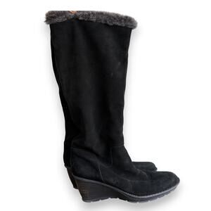 Aquatalia Suede Black Fur Trim Tall Boots 9.5 Wedge‎ Heel Pull On Winter